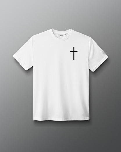 White RUDIS Cross Elite Super Soft T-Shirt featuring a black cross chest graphic and subtle RUDIS sleeve branding.