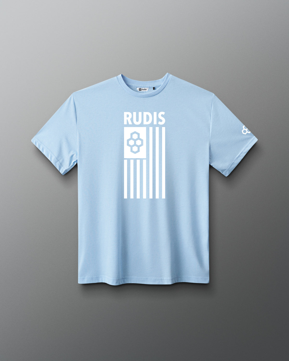 A light blue short-sleeve crewneck t-shirt with a white graphic print on the front reading 'RUDIS' above a vertical striped flag design, displayed on a neutral gray background.