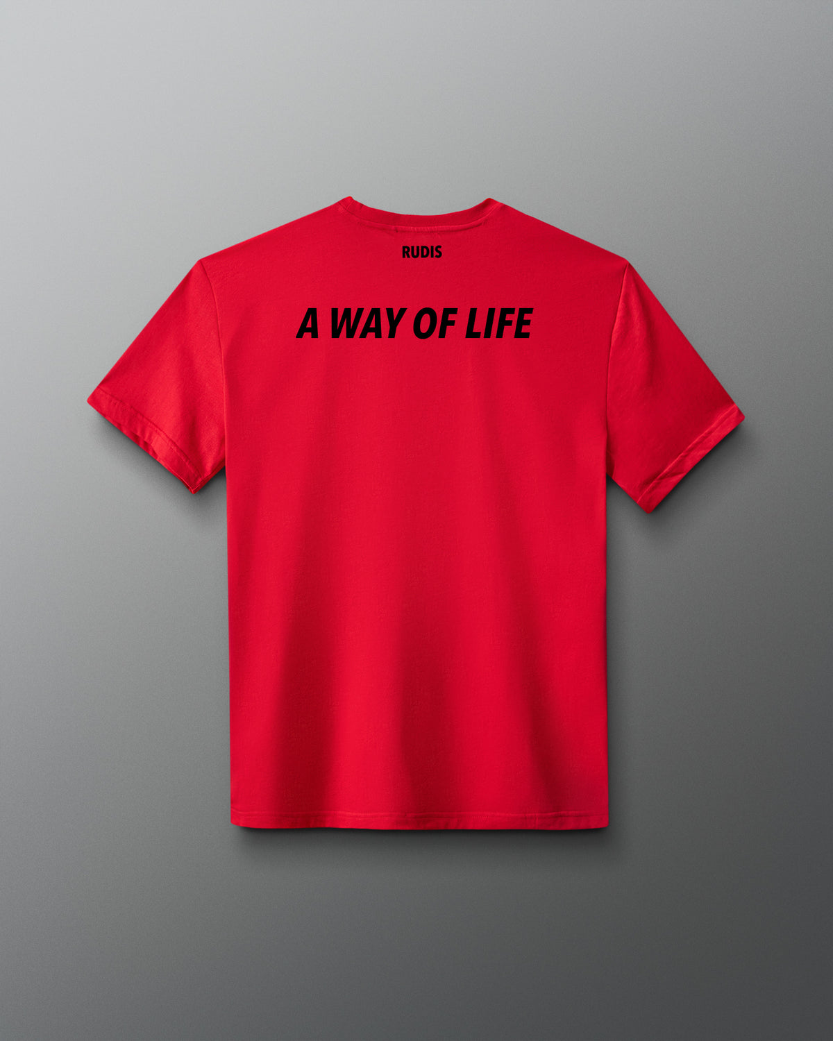 Back view of RUDIS USA Elite Super Soft T-Shirt in red, featuring black A WAY OF LIFE lettering across the upper back and RUDIS branding below the collar.