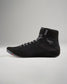 A sleek black wrestling shoe with a high-top design featuring a breathable mesh upper and a textured sole for optimal grip