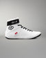 White wrestling shoe with black accents on a gray background
