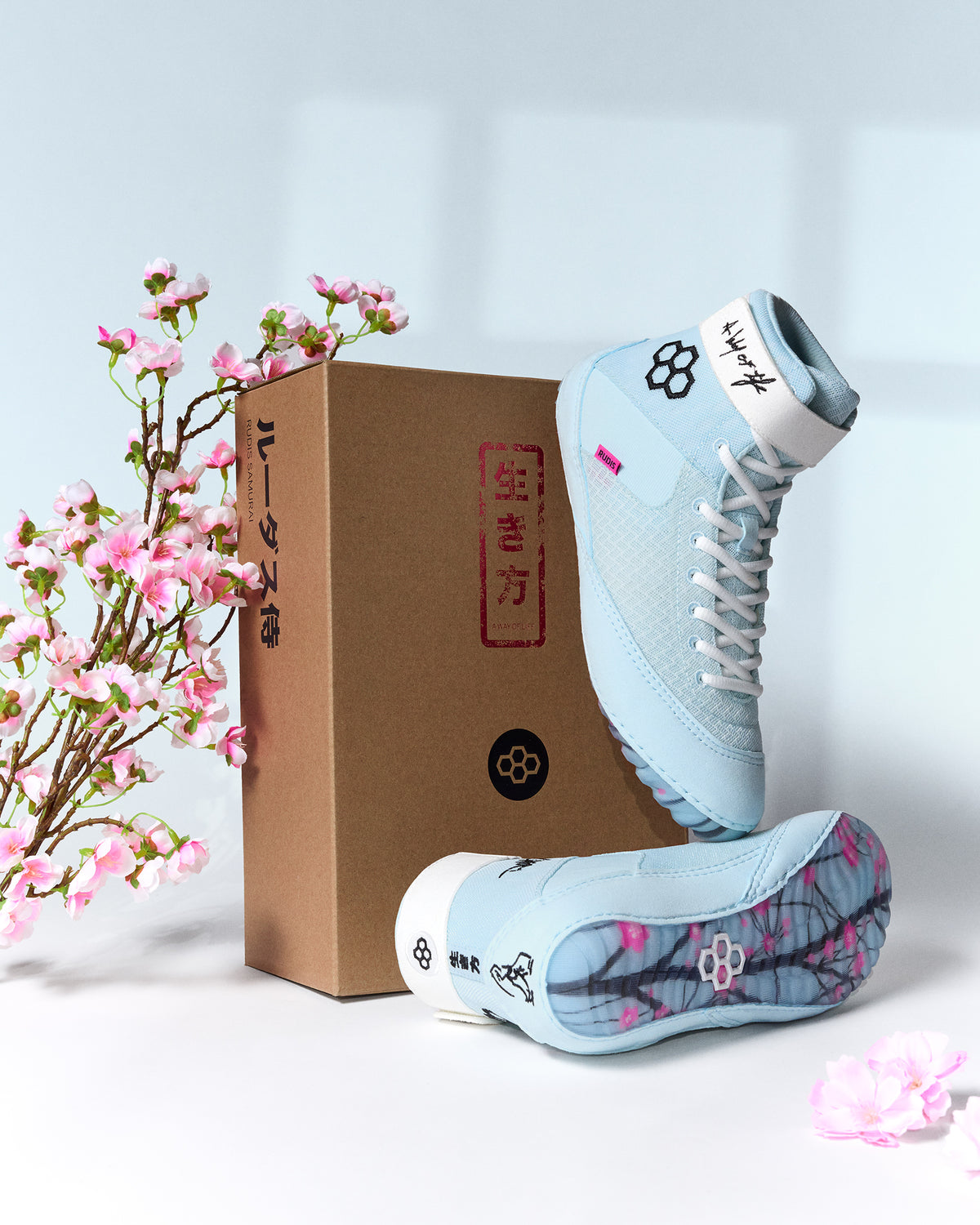 Light blue Wrestling shoes with floral design next to a cardboard box on a white background