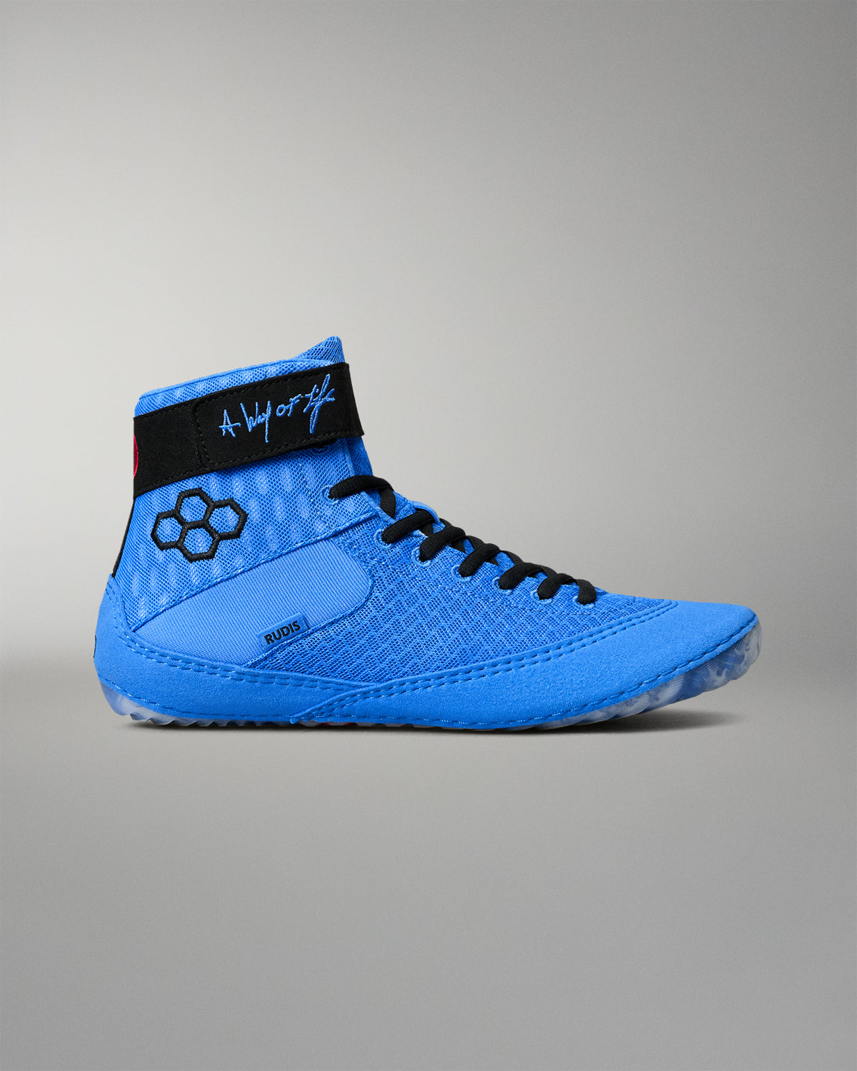Side profile of RUDIS Samurai Speed Ikigai adult wrestling shoe with blue mesh upper, black laces, ankle strap, and embroidered branding.