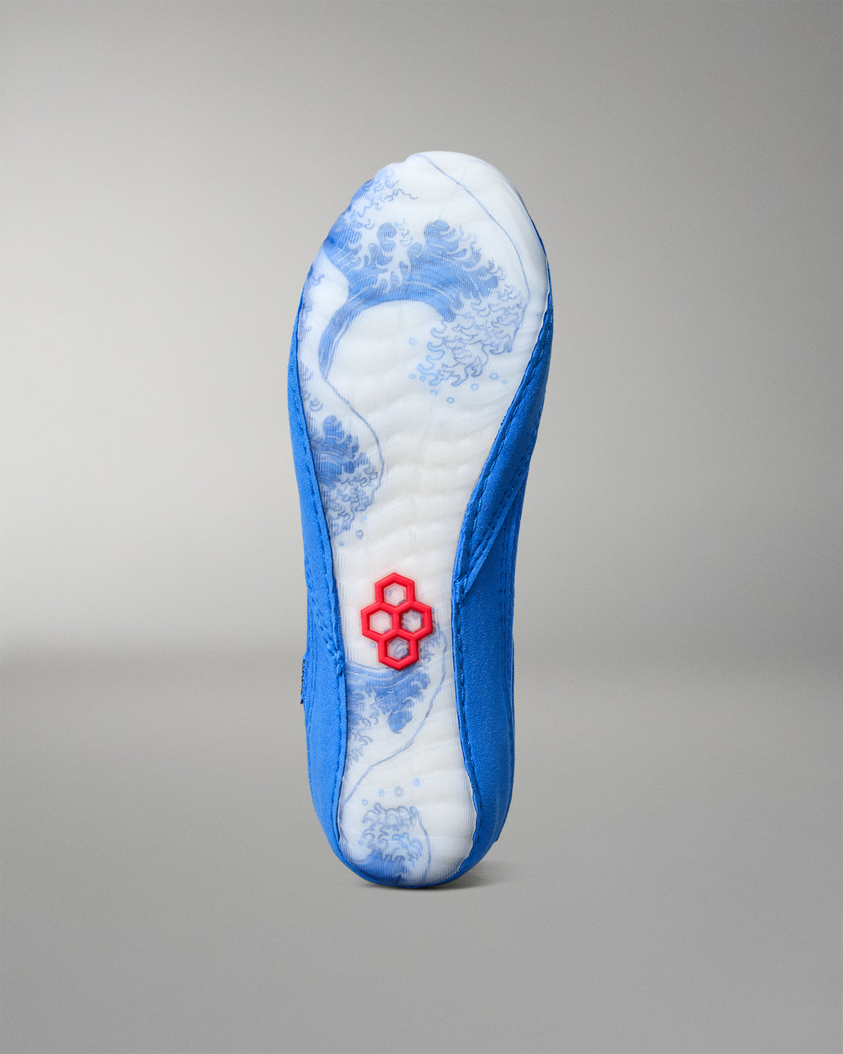 Bottom view of RUDIS Samurai Speed Ikigai wrestling shoe featuring a translucent outsole with Japanese wave artwork and red RUDIS emblem.
