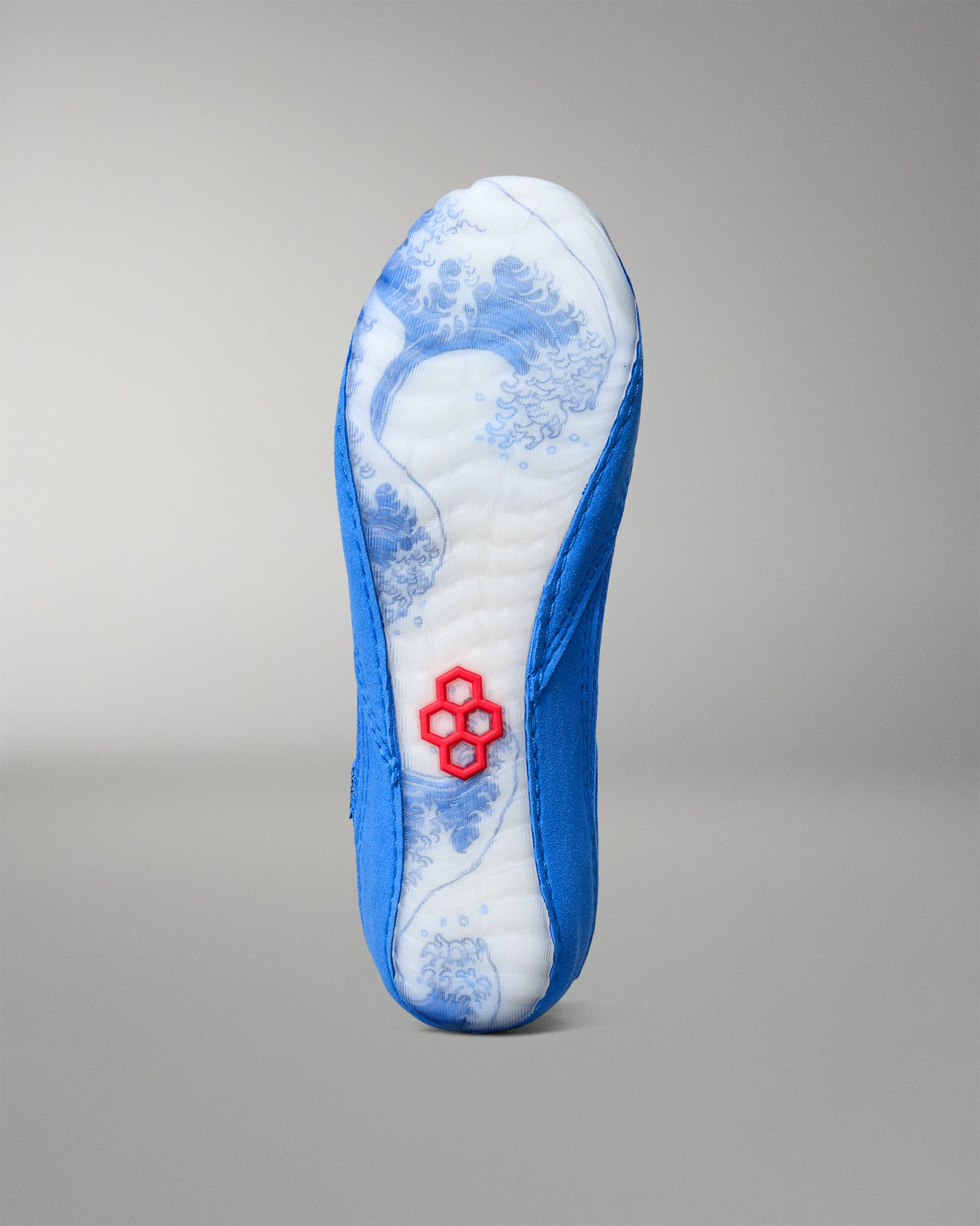 Bottom view of RUDIS Samurai Speed Ikigai wrestling shoe featuring a translucent outsole with Japanese wave artwork and red RUDIS emblem.