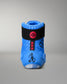 Rear view of RUDIS Samurai Speed Ikigai wrestling shoe showing blue heel construction, black ankle strap, red detailing, and Japanese-inspired graphics.