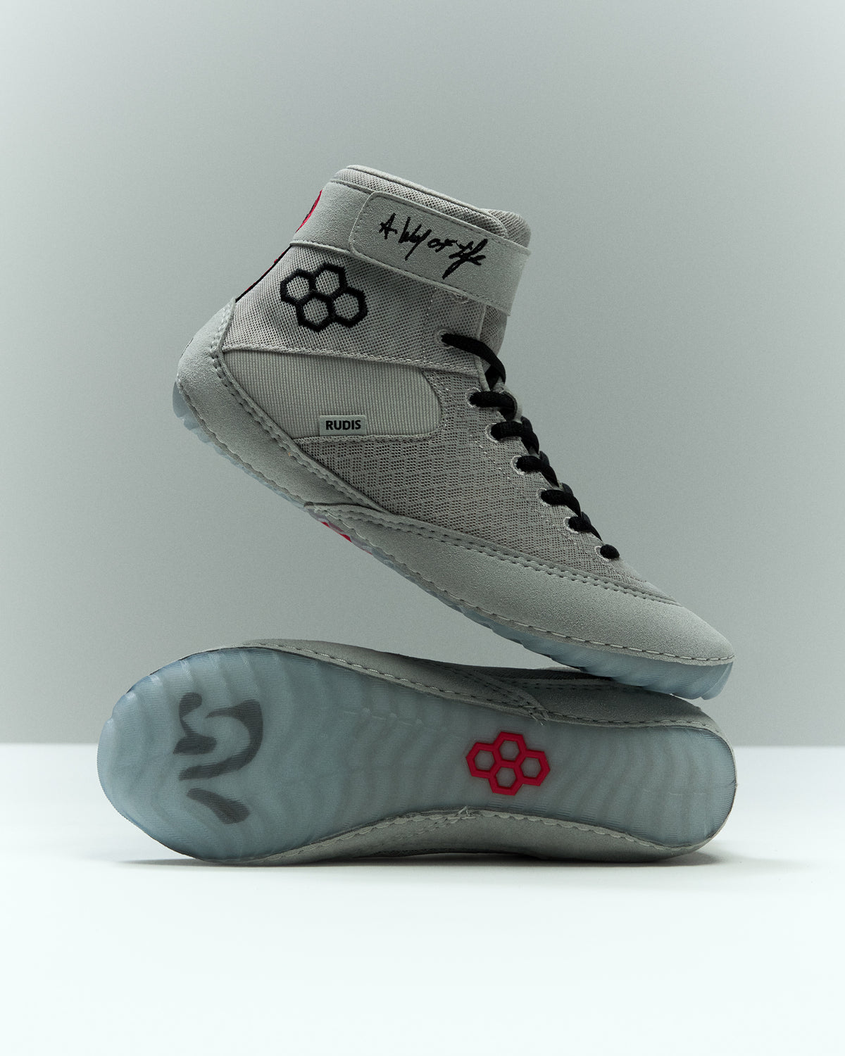 RUDIS Samurai Speed Adult Wrestling Shoes in Kokoro, featuring light gray mesh uppers, black laces, ankle straps, and translucent outsoles with red RUDIS detailing.