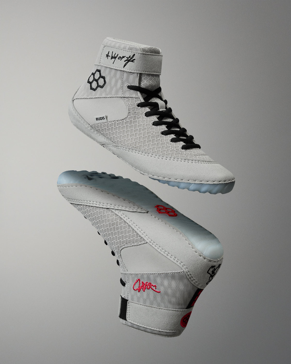 RUDIS Samurai Speed Adult Wrestling Shoes in Kokoro shown from multiple angles, highlighting the high-top silhouette, ankle straps, black laces, and red embroidered details.