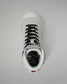 Top-down view of the RUDIS Samurai Speed Kokoro wrestling shoe, showing black laces, padded ankle collar, gray mesh upper, and detailed interior footbed artwork.