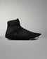 Outer side view of the RUDIS Samurai Speed Adult Wrestling Shoe in Wabi-Sabi black, featuring a lace-up design, ankle strap, red RUDIS branding, and translucent sole.