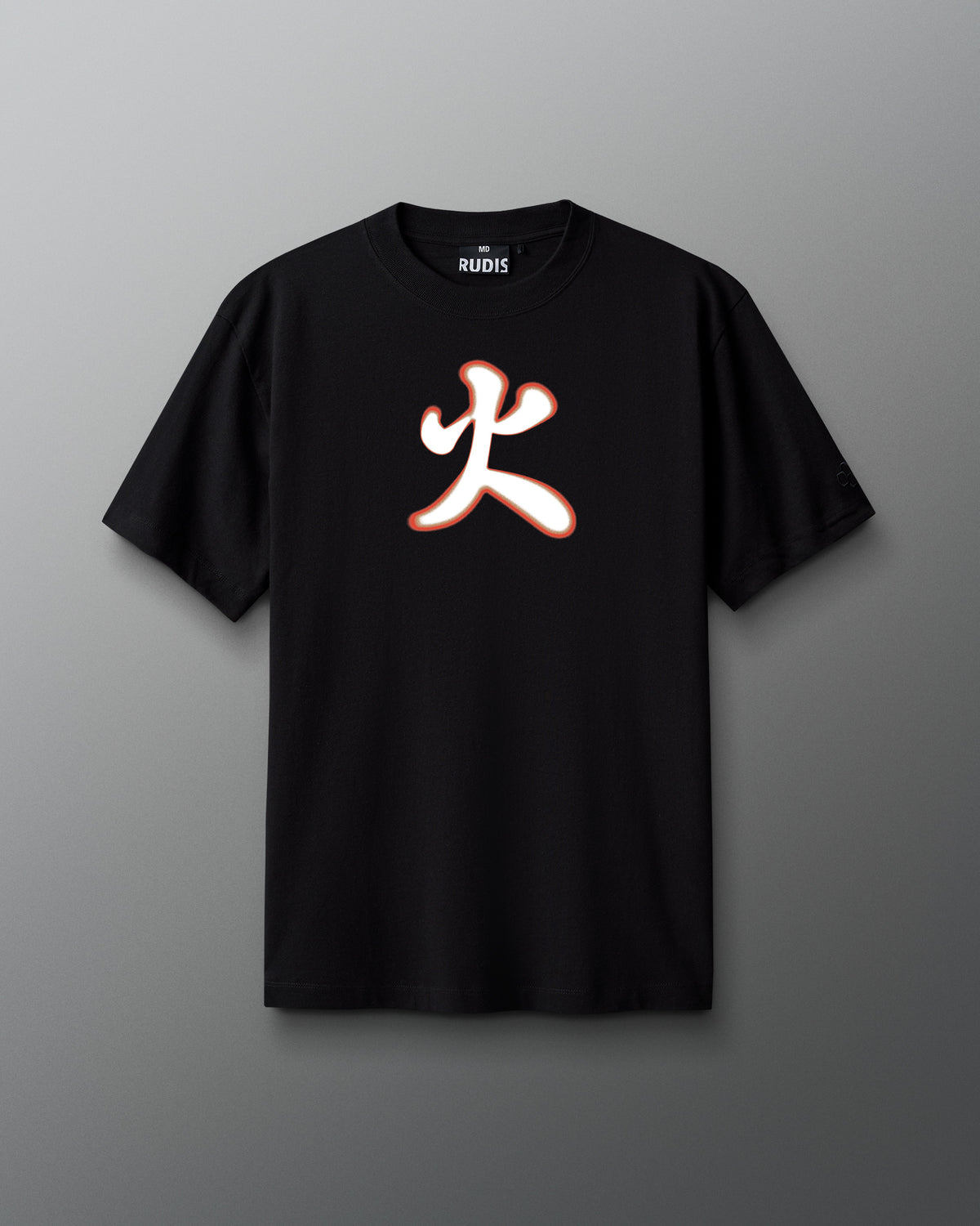 A black heavyweight T-shirt with a red and orange graphic of a samurai fire emblem on the front.