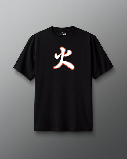 A black heavyweight T-shirt with a red and orange graphic of a samurai fire emblem on the front.