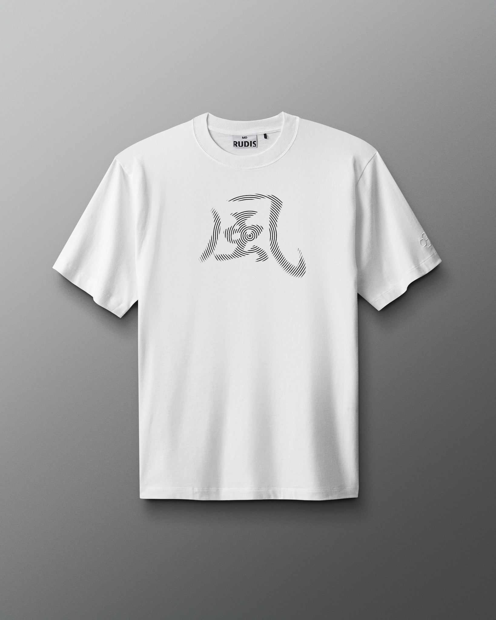 A white short-sleeve T-shirt with a gray graphic text on the front.
