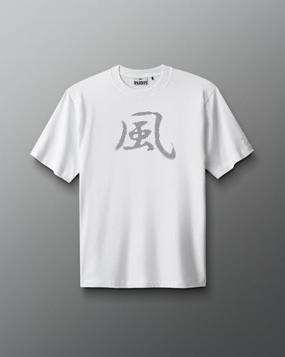 A white short-sleeve T-shirt with a gray graphic text on the front.