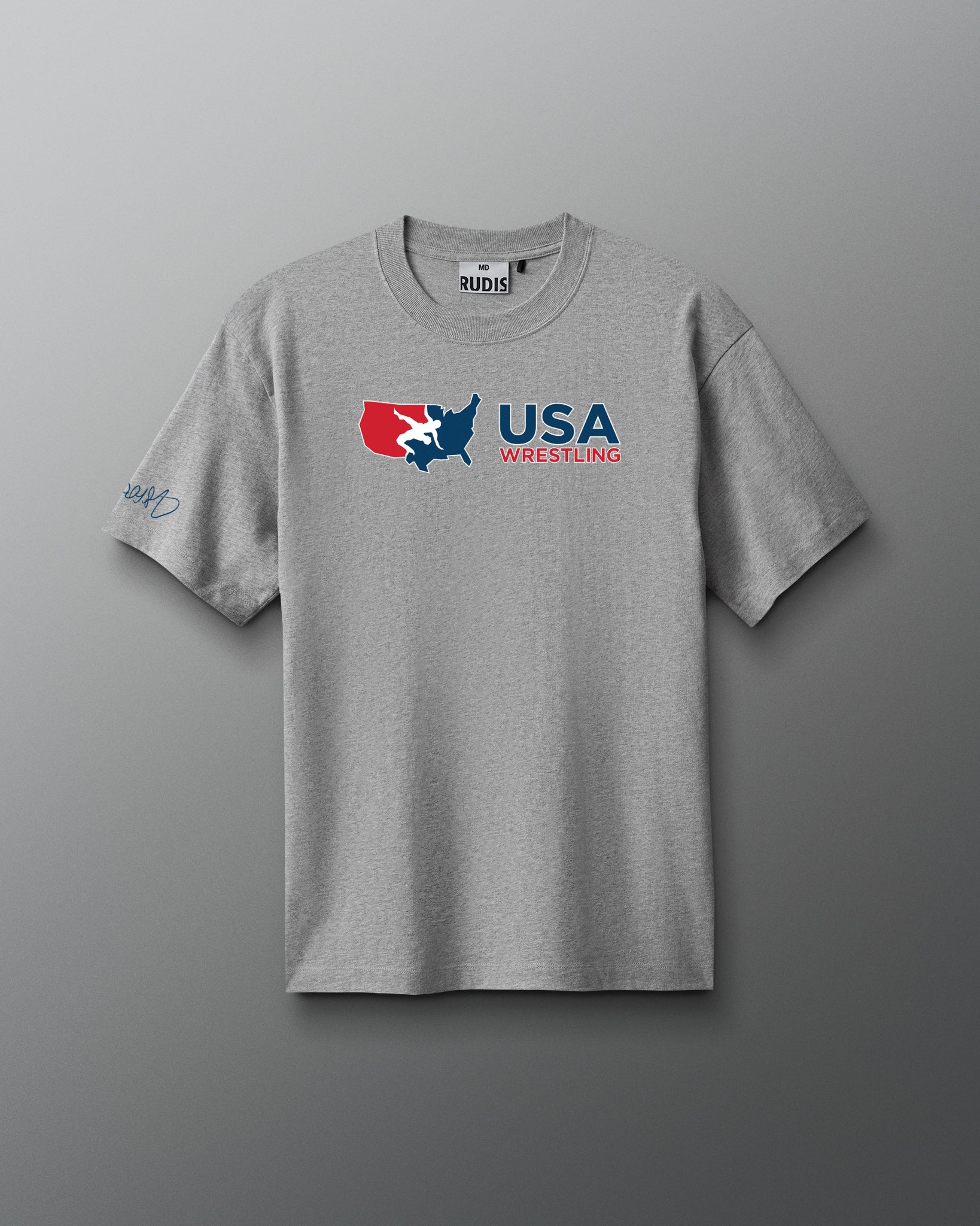 Gray t-shirt with USA Wrestling logo on a gray background