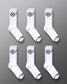 This image displays six pairs of white sports socks featuring a distinctive black hexagonal logo on the sides and black accents on the toes