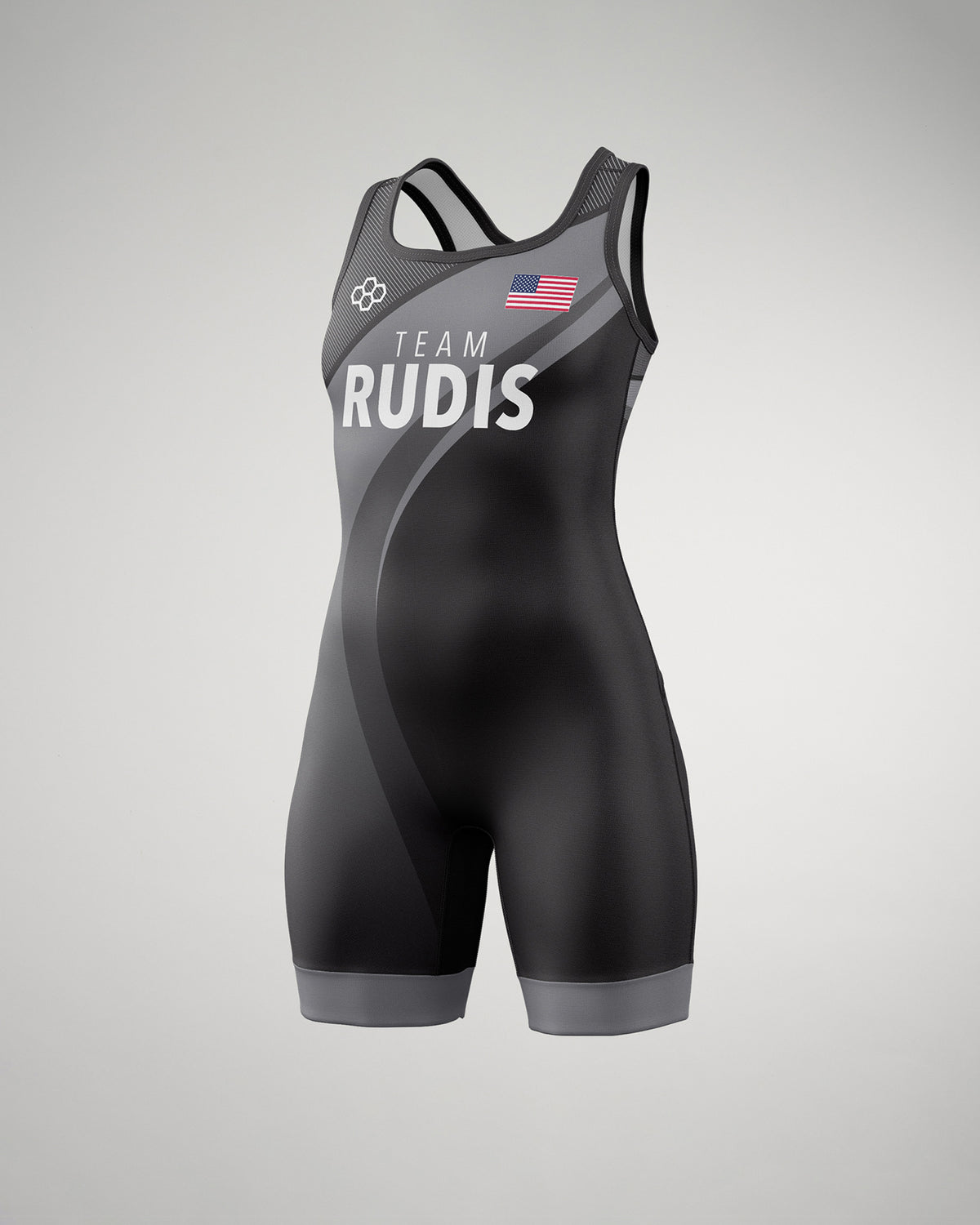 A black wrestling singlet showcases 'TEAM RUDIS' in bold white with an American flag emblem, designed for optimal athletic performance.