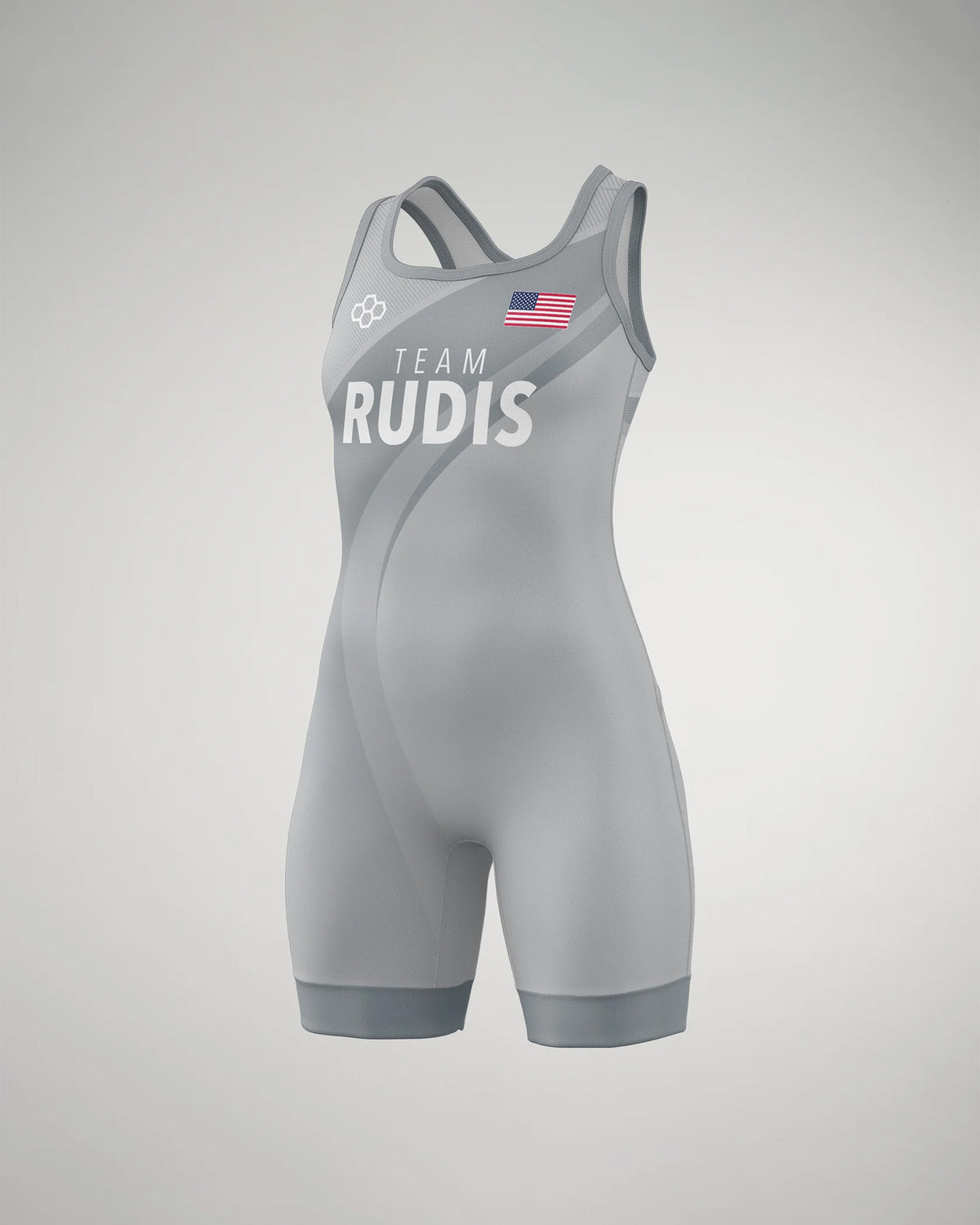 A gray wrestling singlet with 'TEAM RUDIS' and an American flag, designed for comfort and mobility during competitions.