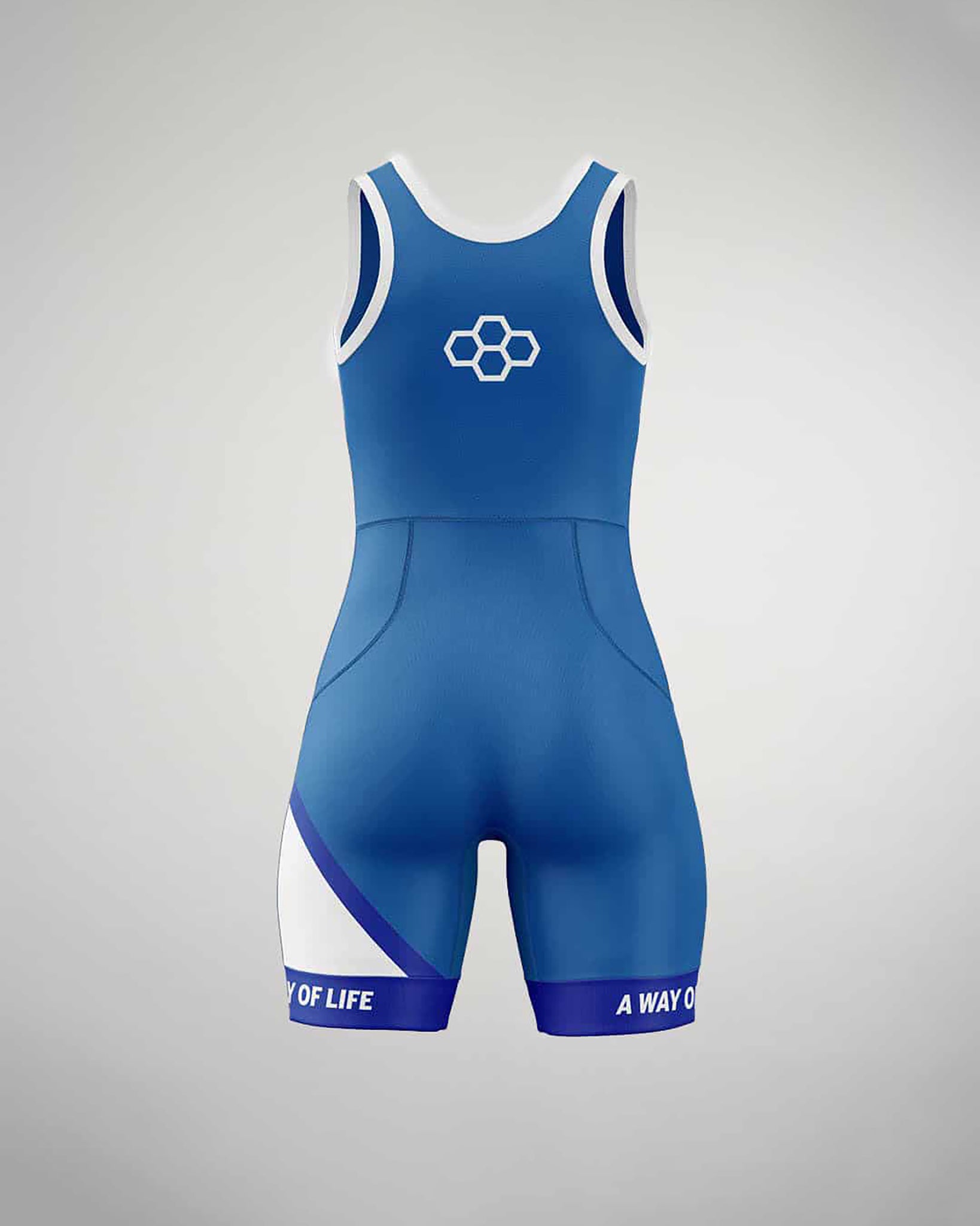 A vibrant blue athletic jumpsuit featuring a unique design with white and dark blue accents ideal for active wear and competitions
