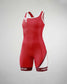 A vibrant red wrestling singlet featuring a sleek design showcasing the brand name and motivational text along the hem