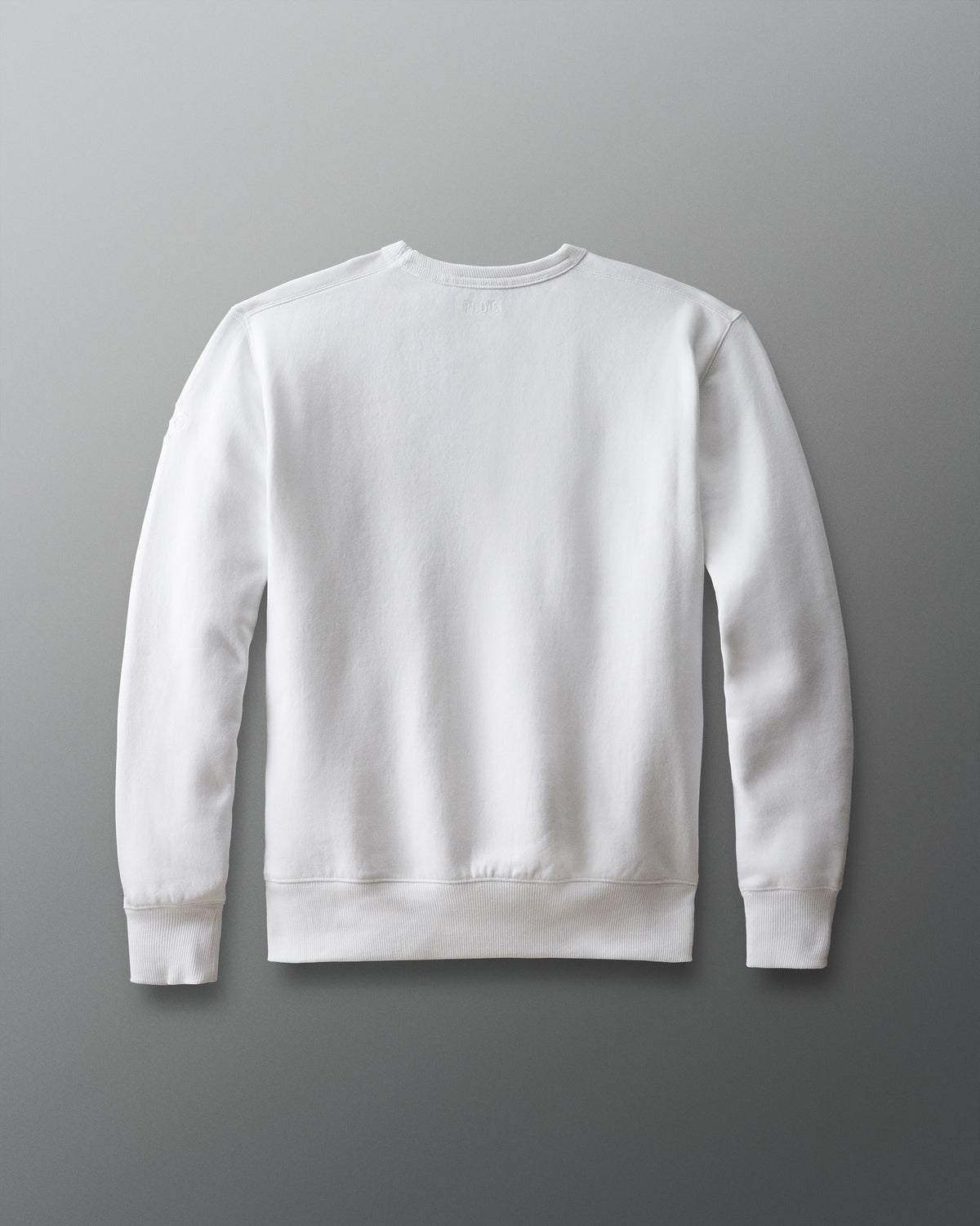 back of white fleece crew neck shirt