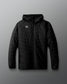 Black quilted jacket with a brand logo on a gray background