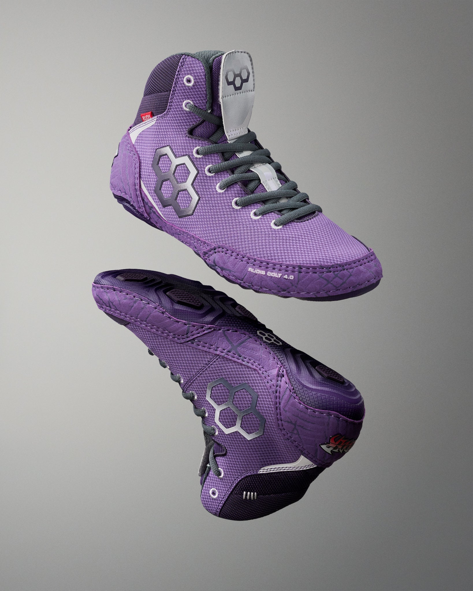 Purple RUDIS Colt 4.0 Shredder wrestling shoes showcasing upper and outsole details.