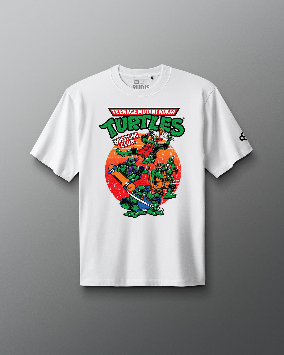 White RUDIS Teenage Mutant Ninja Turtles Wrestling Club heavyweight t-shirt featuring retro TMNT character artwork