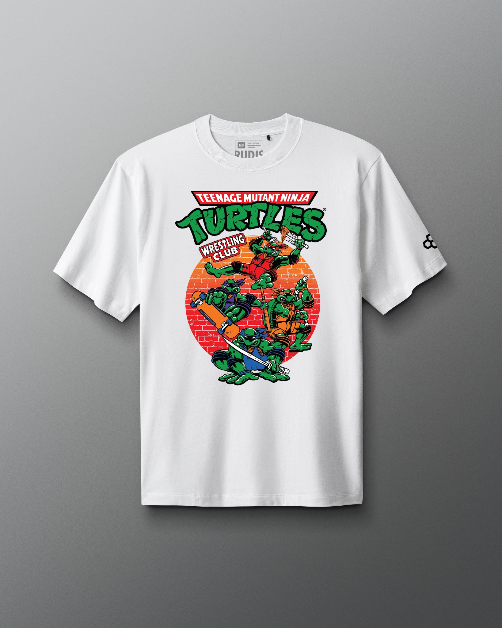 White RUDIS Teenage Mutant Ninja Turtles Wrestling Club heavyweight t-shirt featuring retro TMNT character artwork