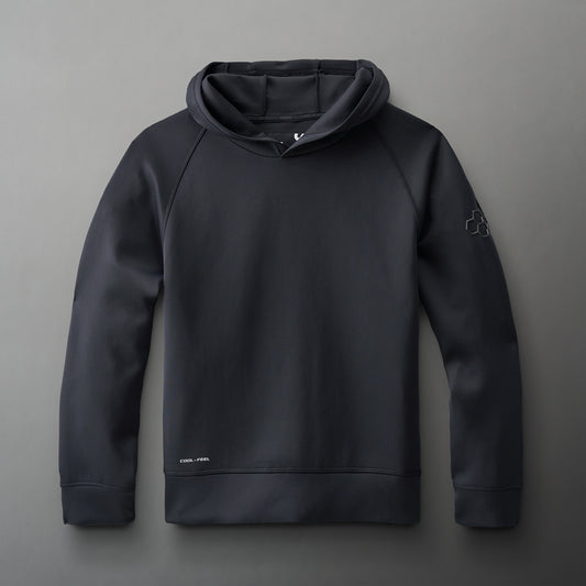 A black athletic hoodie with a spacious hood and raglan sleeves, featuring 'COOL-FEEL' branding, expresses a modern design for comfort and performance.