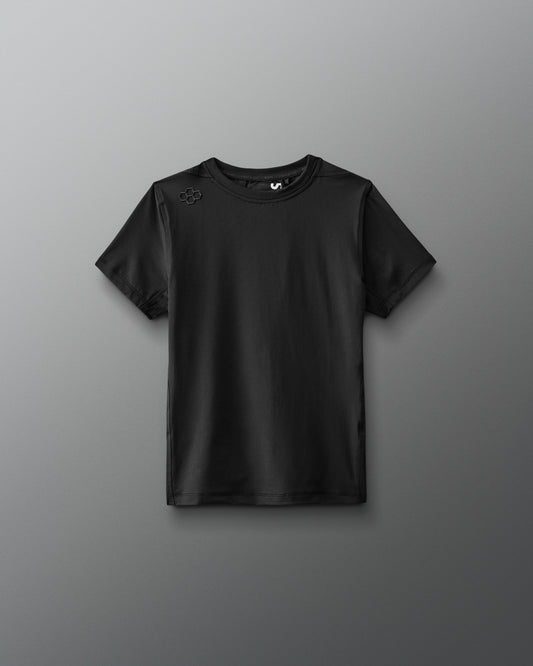 A black short-sleeved athletic shirt with a round neckline and a subtle logo on the shoulder, crafted from lightweight fabric, ideal for casual or active use.