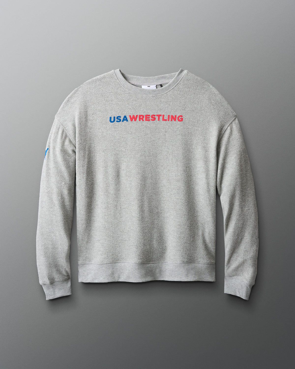 Gray sweatshirt with 'USA Wrestling' text on a gradient background