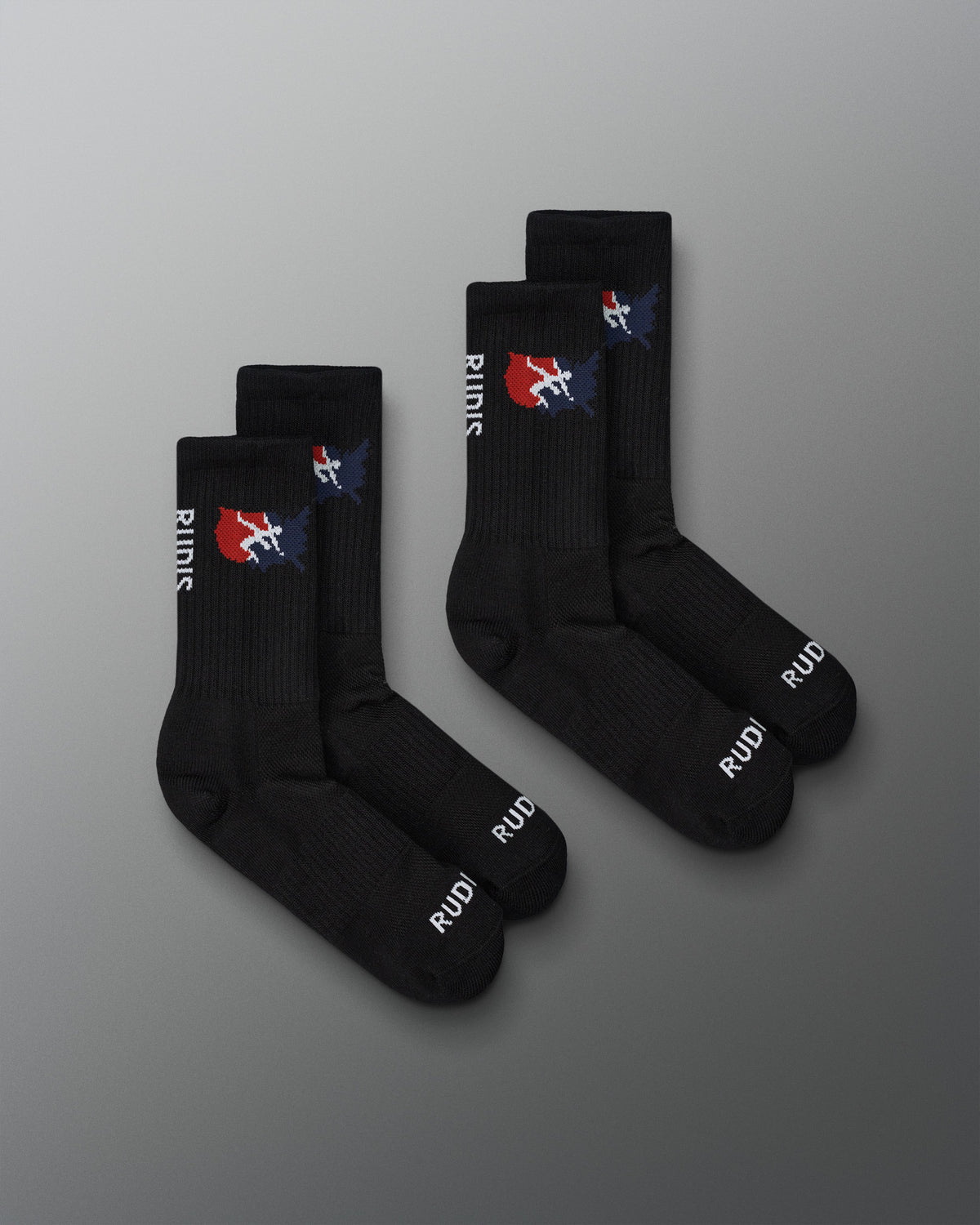 Set of black socks with a logo on a gray background