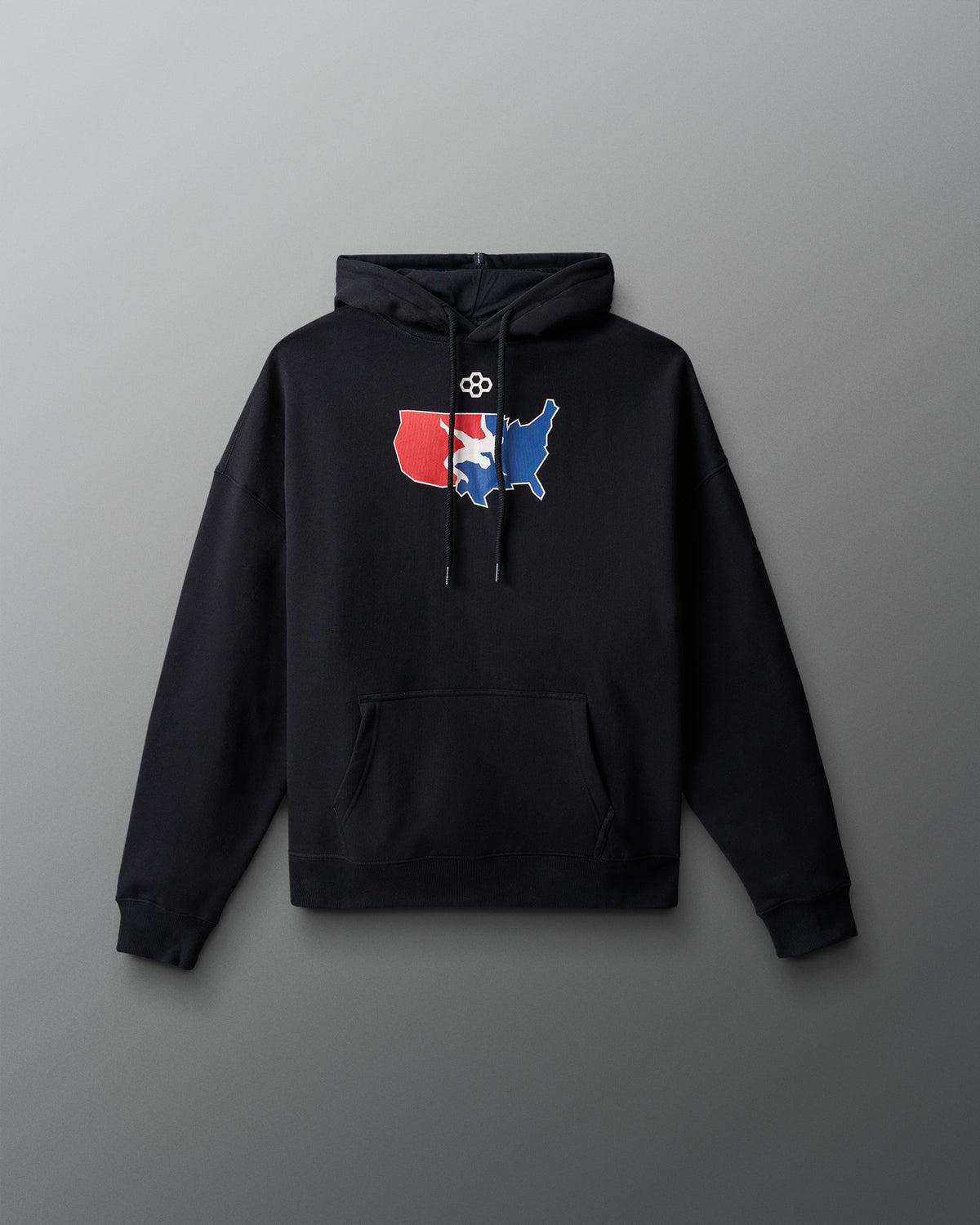 Black hoodie with a colorful graphic on a gray background
