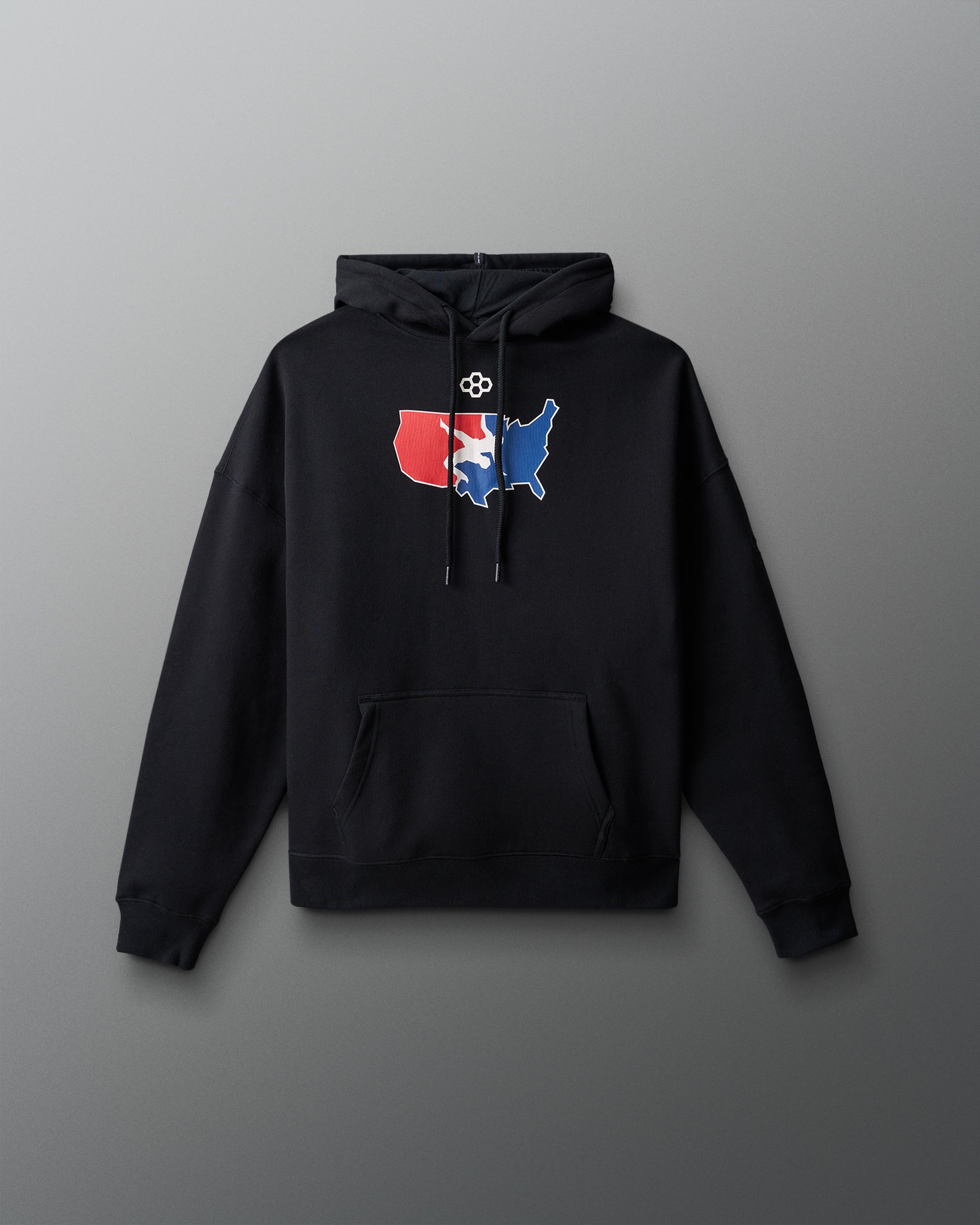 Black hoodie with a colorful graphic on a gray background