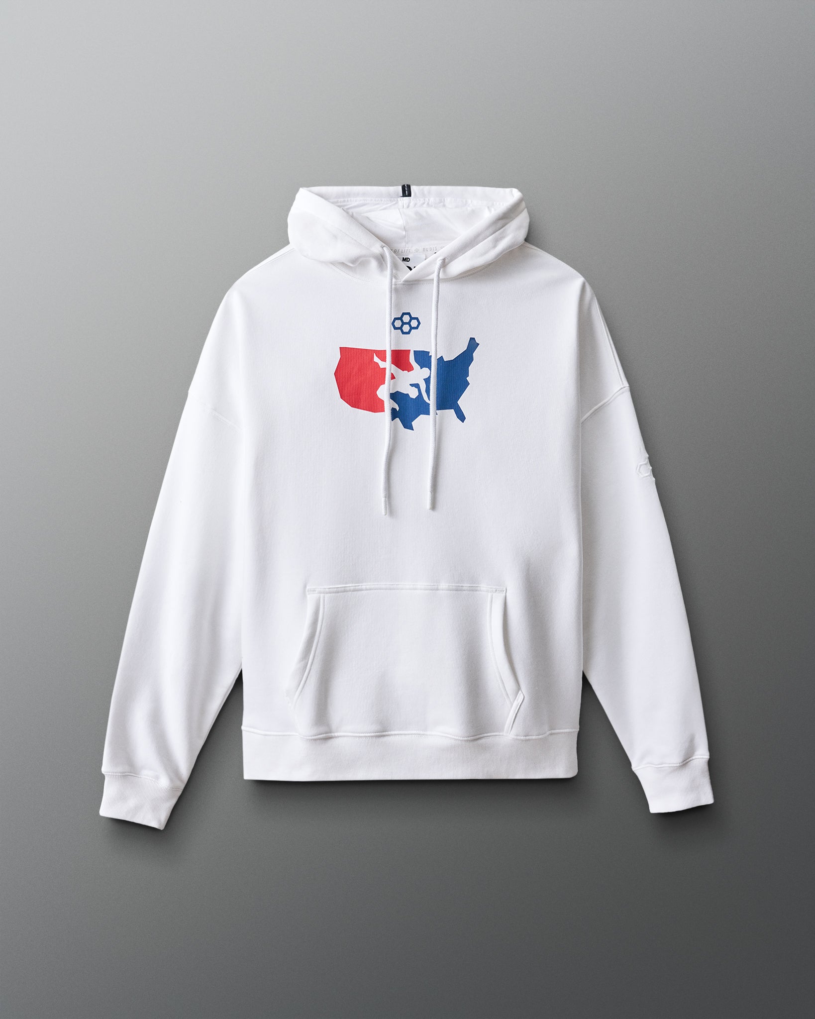White hoodie with a colorful graphic on a gray background