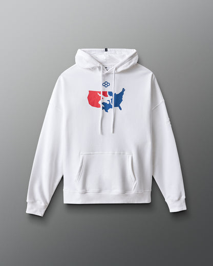 White hoodie with a colorful graphic on a gray background