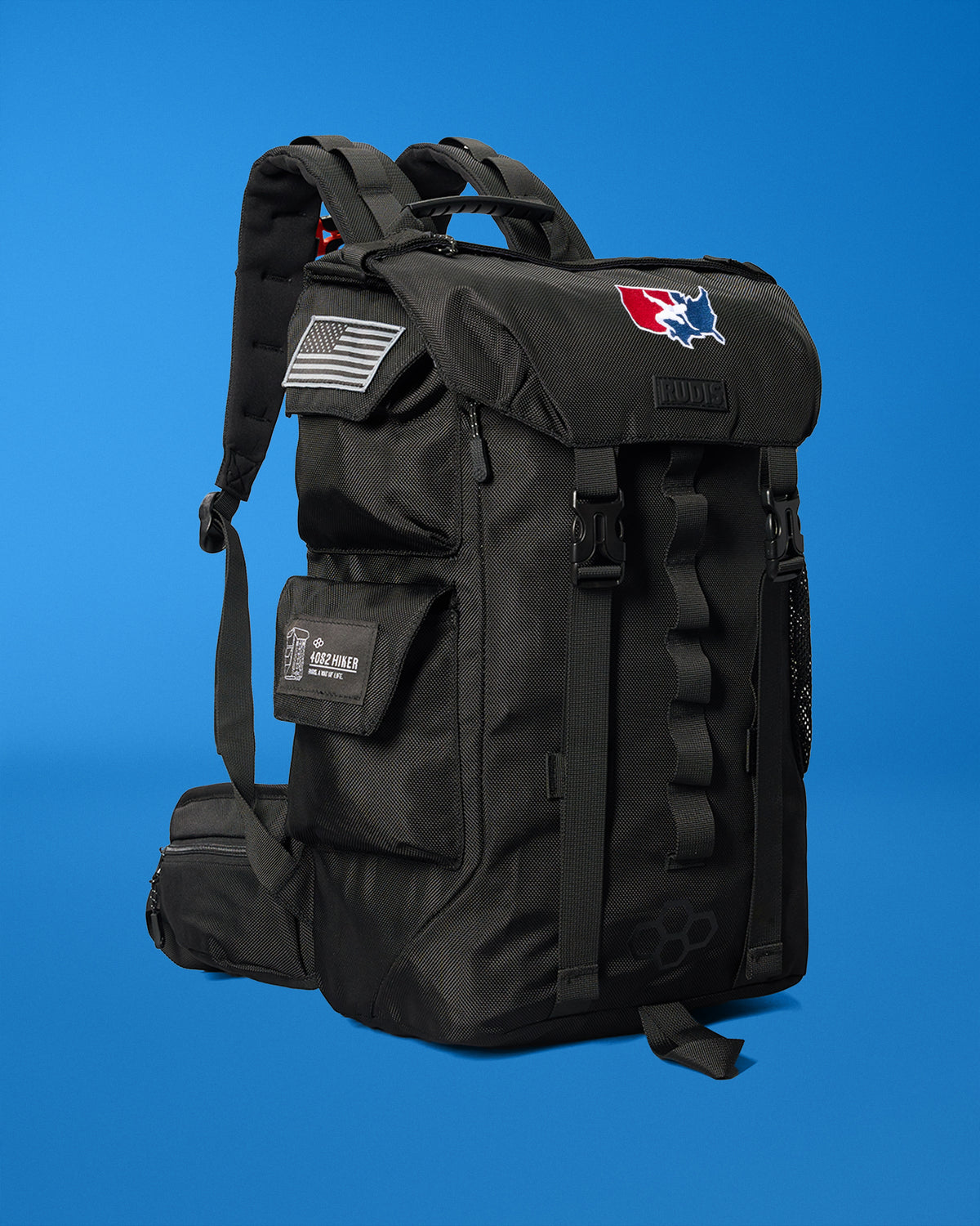 Black back pack with USA Wrestling Logo and American Flag on the side