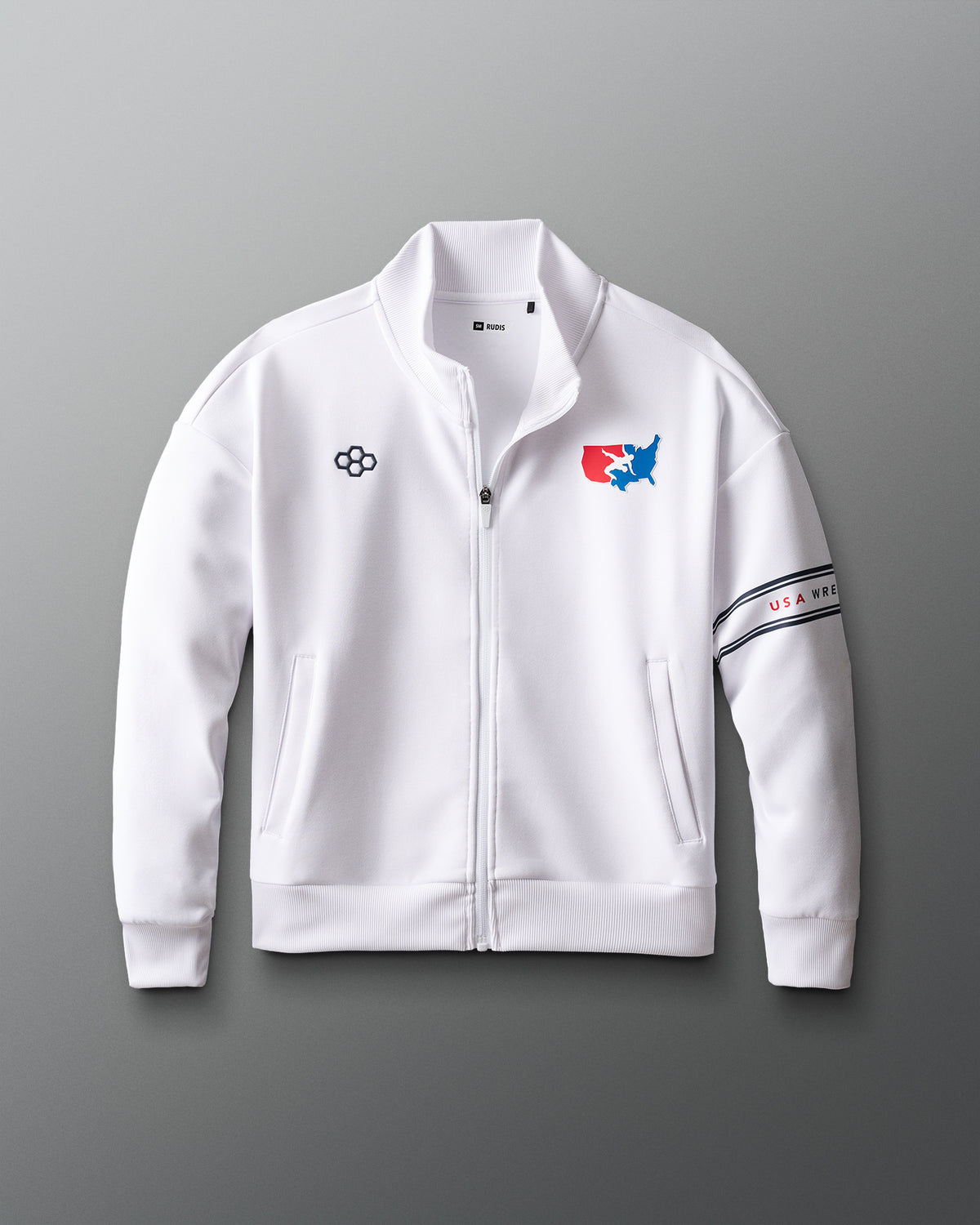 White jacket with logos on a gray background