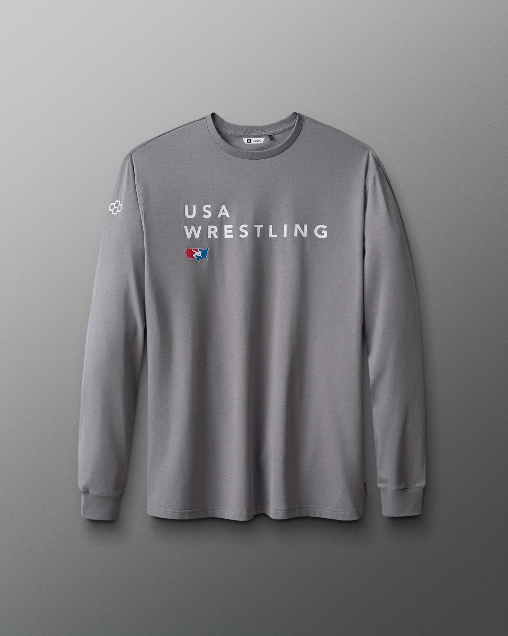 Gray long-sleeve shirt with USA Wrestling logo on a gray background
