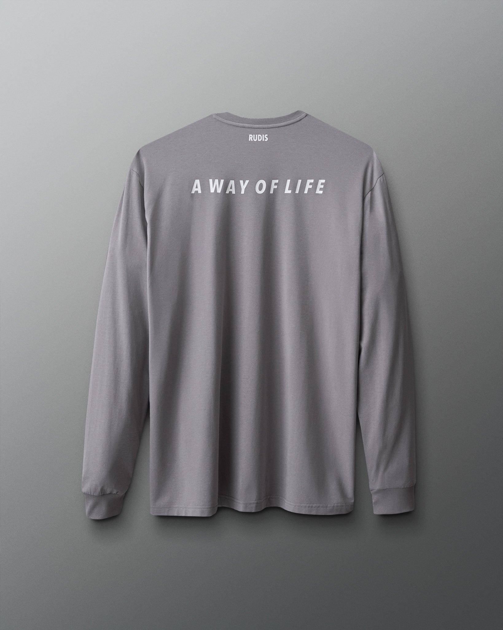 Gray long-sleeve shirt with 'A Way of Life' text on a gray background