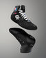 Black Wrestling shoes with white laces on a gray background