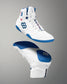 White and blue wrestling shoe with a gray background