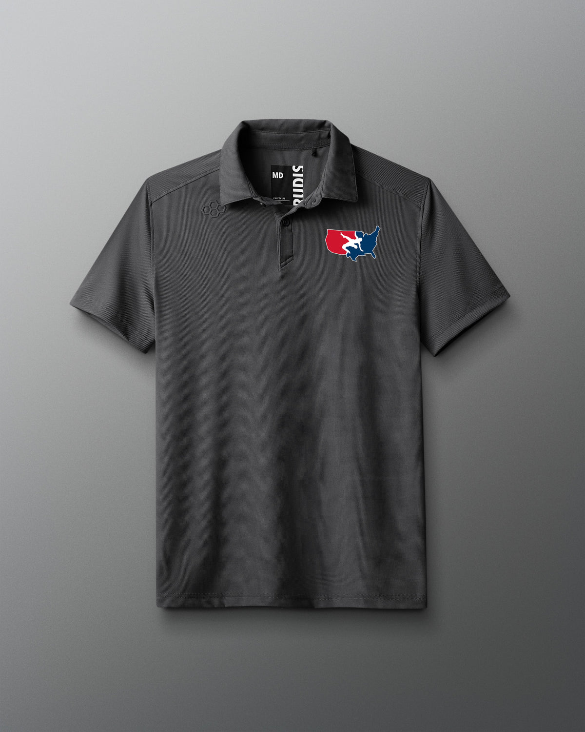 A black polo shirt with a graphic USA Wrestling logo on the chest.