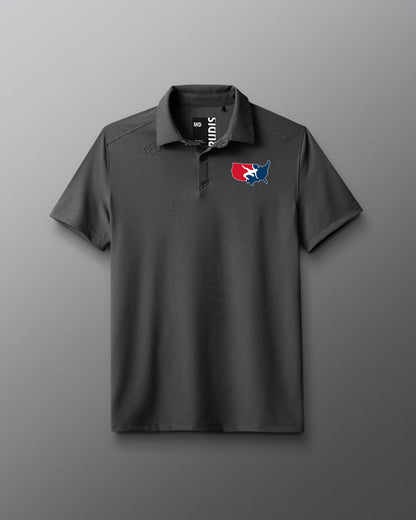 A black polo shirt with a graphic USA Wrestling logo on the chest.
