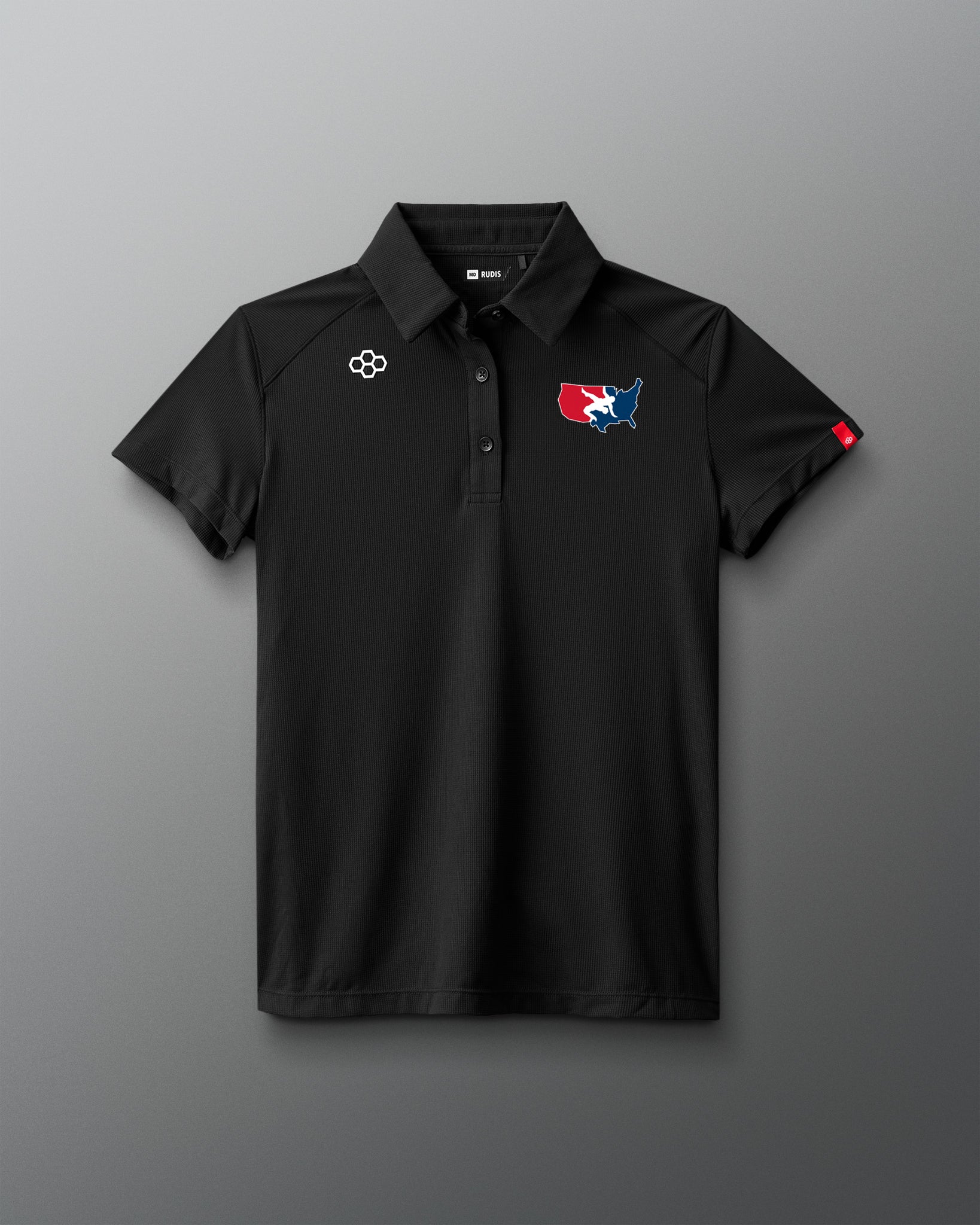 Black polo shirt with logos on a gray background