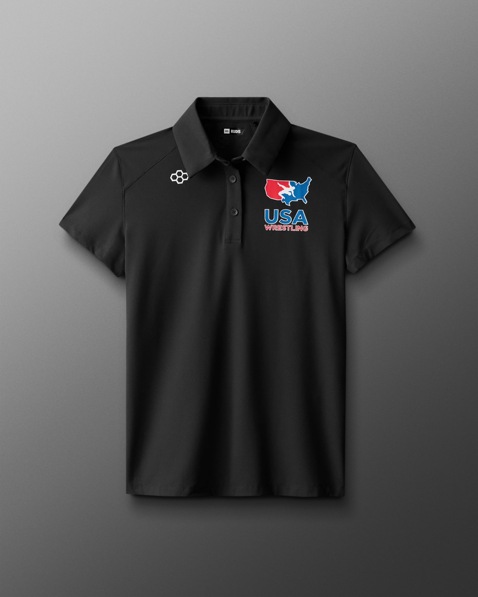 Black polo shirt with USA logo on a gray background