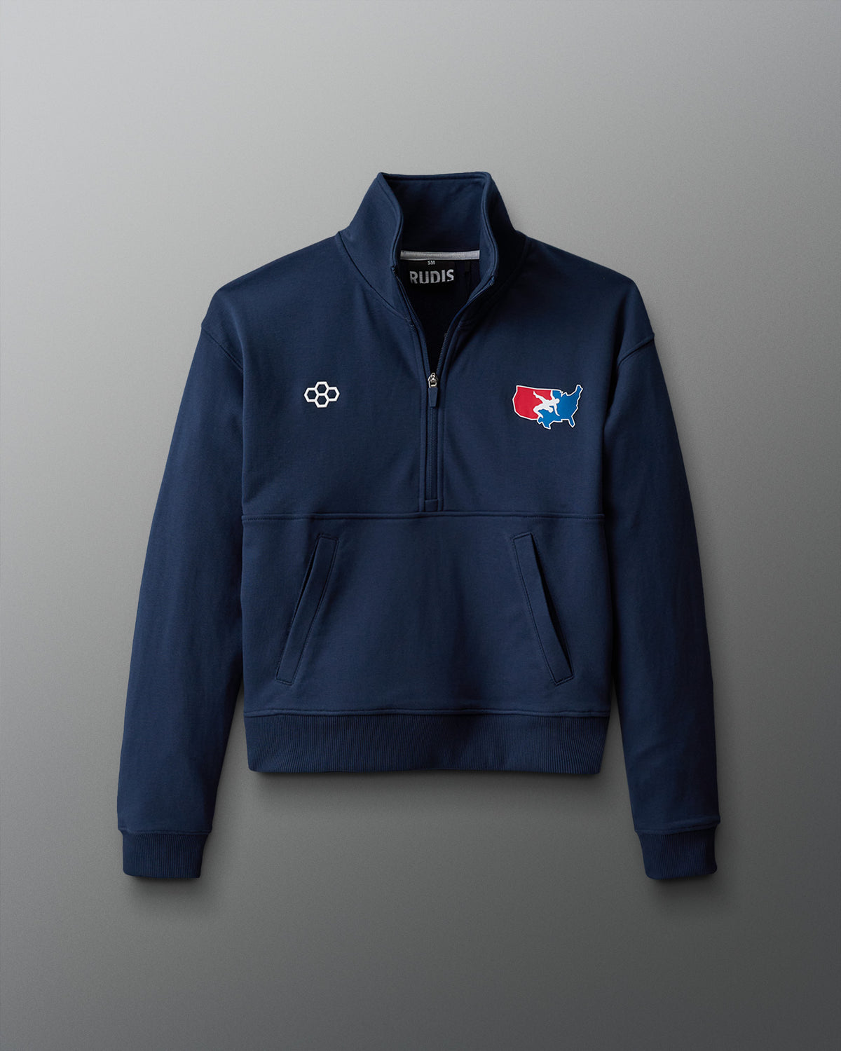 Navy blue half-zip sweatshirt with logos on a gradient red to blue background