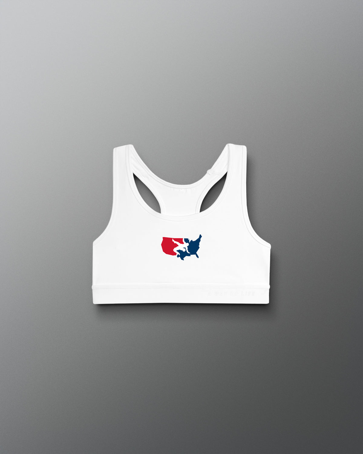 White sports bra with a logo on a gradient blue and red background