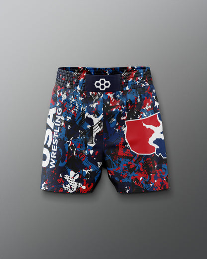 Wrestling shorts with a colorful design on a gradient background